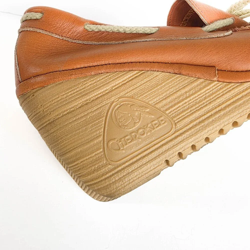 Vintage 70s Cherokee Buckwheat Platform Wedges Caramel Leather‎ Boho Shoes 7.5 N